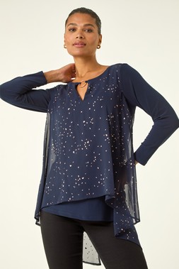 Roman Navy Ring Front Foil Tunic Top