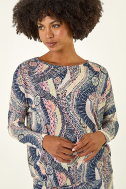 Roman Pink Abstract Print Banded Hem Stretch Top