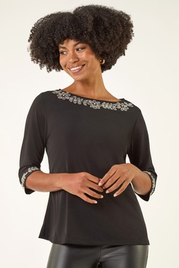 Roman Black Embellished Stretch Tunic Top