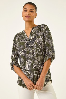 Roman Khaki Paisley Puff Print Stretch Shirt