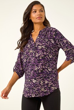 Roman Purple Abstract Print V-Neck Stretch Shirt
