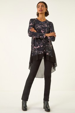 Roman Pink Floral Chiffon Hem Tunic Top