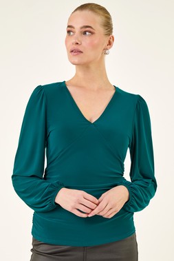 Roman Teal Gathered V-Neck Stretch Top