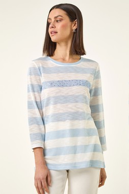 Roman Blue Embellished Stripe Stretch Top