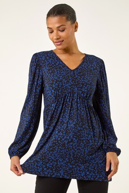Roman Navy Abstract Print V-Neck Tunic Top