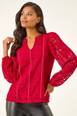 Roman Red Studded Lace Notch Neck Top