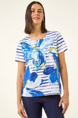 Roman Blue Floral Stripe Print Stretch Top