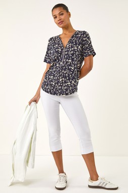 Roman Navy Floral Puff Print Zip Front Top