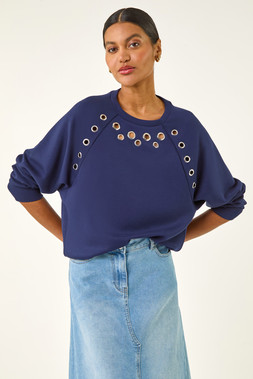 Roman Navy Eyelet Detail Stretch Top