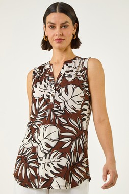 Roman Chocolate Leaf Puff Print Gathered Vest Top