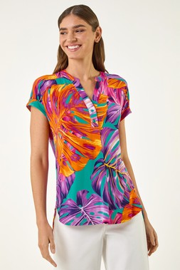 Roman Turquoise Leaf Print Stretch Shirt