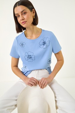 Roman Blue Embellished Flower Cotton T-Shirt