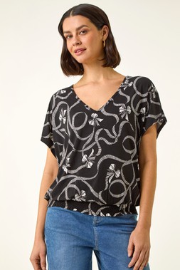 Roman Black Bow Print V-Neck Stretch Top