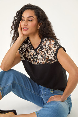 Dusk Black Cotton Floral Crochet T-Shirt