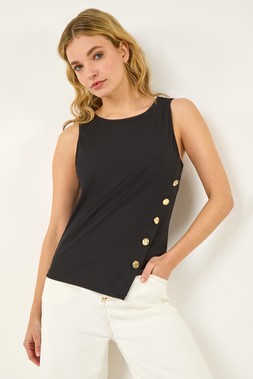 Dusk Black Asymmetric Button Detail Top