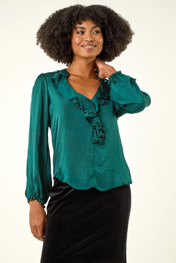 Roman Green Satin Ruffle Neck Blouse
