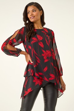 Roman Red Floral Chiffon Layered Tunic Top