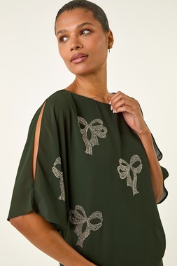 Roman Dark Green Bow Hotfix Cold Shoulder Top