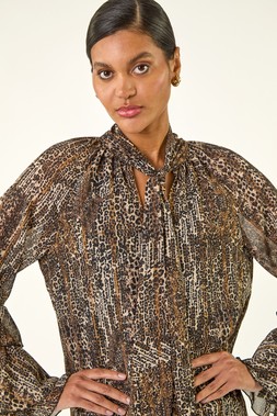 Roman Beige Animal Print Tie Front Flared Top