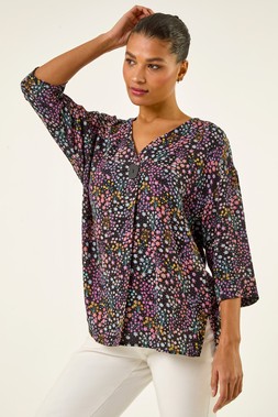 Roman Black Ditsy Floral V-Neck Kimono Top