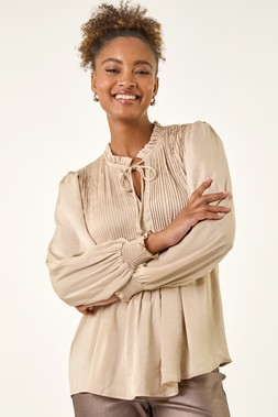 Roman Stone Satin Pleated Tie Neck Top