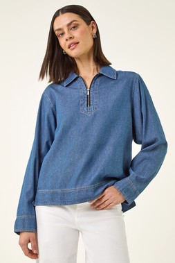Roman Indigo Collared Zip Front Denim Top