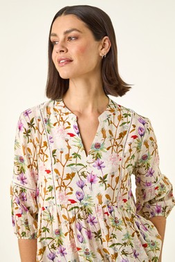 Roman Purple Floral Print Notch Neck Top