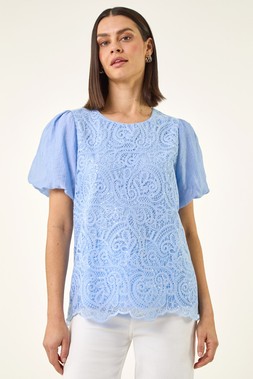 Roman Light Blue Panelled Lace Puff Sleeve Top