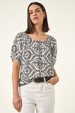 Roman Black Mono Printed Tie Neck Top