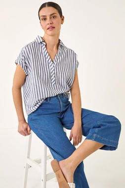 Roman Blue Stripe Print Button Front Top