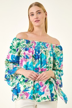 Roman Blue Floral Print Bardot Top