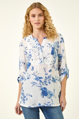 Roman White Floral Print Lace Trim Shirt