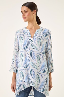 Roman Blue Leaf Print Wrap Hem Tunic Top