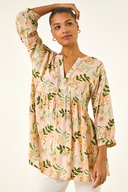 Roman Floral Broidery Trim Tunic Top