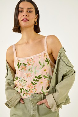 Roman Peach Floral Broderie Trim Cami Top