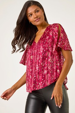 Roman Red Metallic Angel Sleeve V-Neck Top