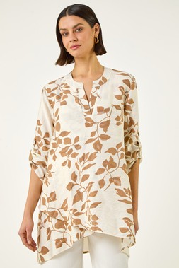 Roman Cream Leaf Print Wrap Hem Tunic Top