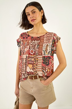 Roman Mocha Patchwork Print Shell Top