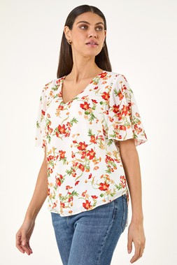 Roman Red Floral Print Angel Sleeve Top