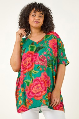 Roman Curve Green Floral Print V-Neck Top