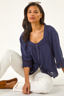 Roman Navy Broderie Hem and Cuff Blouse