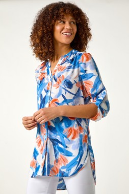 Roman Blue Floral Print Longline Blouse