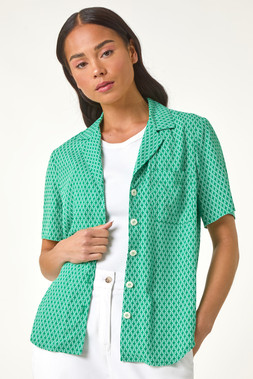 Roman Petite Green Geo Button Up Blouse