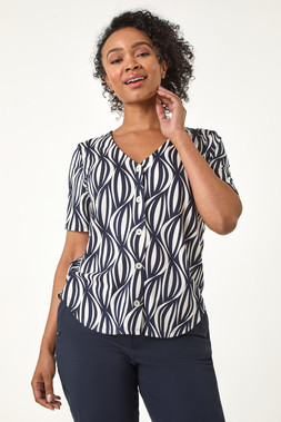 Roman Petite Navy Geo Print V-Neck Stretch Blouse