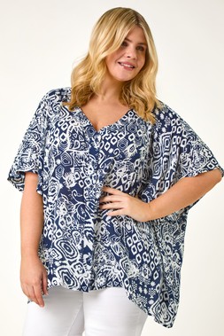 Roman Curve Navy Ikat Print Asymmetric Blouse