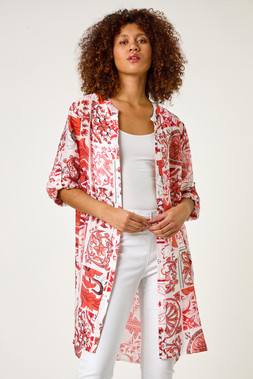 Roman Red Tile Print Longline Blouse