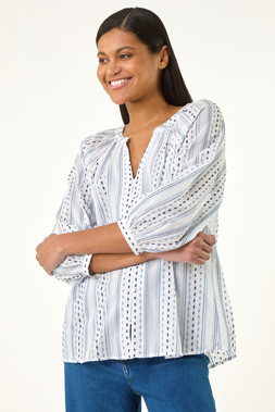 Roman Dobby Stripe Print V-Neck Blouse