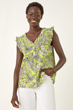 Roman Lime Tropical Print Frill Sleeve Vest