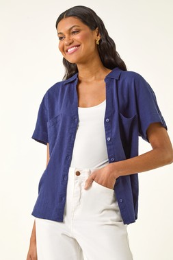 Roman Navy Linen Mix Collared Shirt