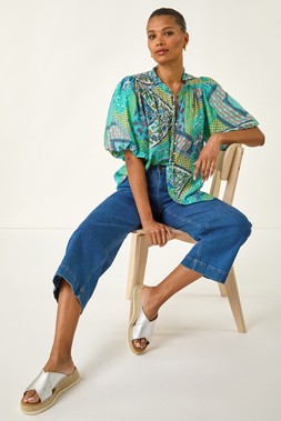 Roman Blue Patchwork Print Tie Front Blouse